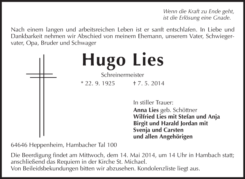  Traueranzeige für Hugo Lies vom 12.05.2014 aus Starkenburger Echo, Bergsträßer Anzeiger
