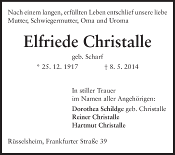 Traueranzeige von Elfriede Christalle von Rüsselsheimer Echo, Groß-Gerauer-Echo, Ried Echo