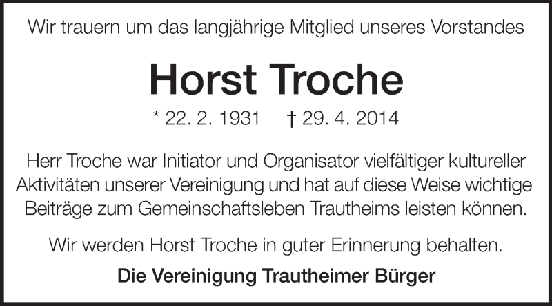  Traueranzeige für Horst Troche vom 10.05.2014 aus Echo-Zeitungen (Gesamtausgabe)