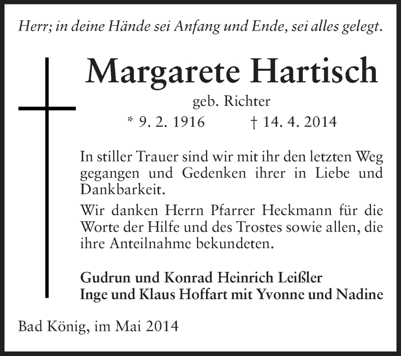  Traueranzeige für Margarete Hartisch vom 10.05.2014 aus Odenwälder Echo