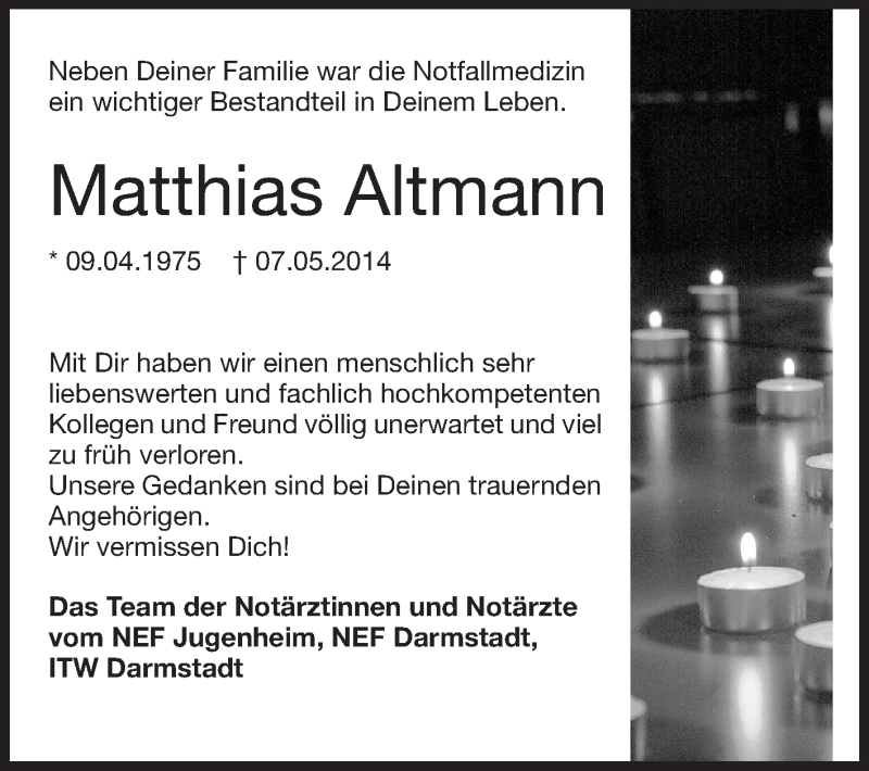  Traueranzeige für Matthias Altmann vom 17.05.2014 aus Echo-Zeitungen (Gesamtausgabe)