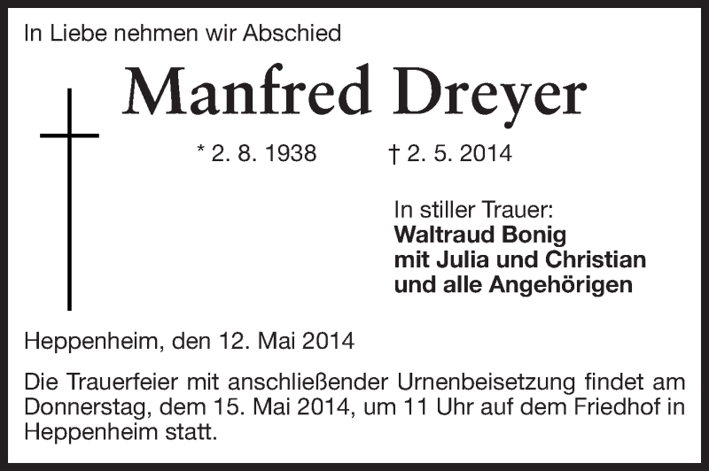 Traueranzeige für Manfred Dreyer vom 12.05.2014 aus Starkenburger Echo