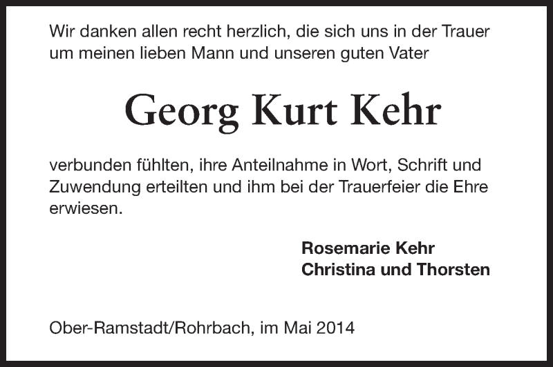  Traueranzeige für Georg Kurt Kehr vom 17.05.2014 aus Echo-Zeitungen (Gesamtausgabe)