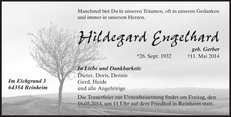  Traueranzeige für Hildegard Engelhard vom 14.05.2014 aus Echo-Zeitungen (Gesamtausgabe)