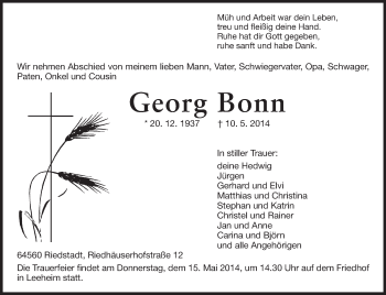 Traueranzeige von Georg Bonn von Rüsselsheimer Echo, Groß-Gerauer-Echo, Ried Echo