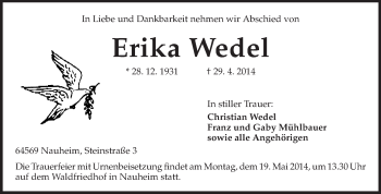 Traueranzeige von Erika Wedel von Rüsselsheimer Echo, Groß-Gerauer-Echo, Ried Echo