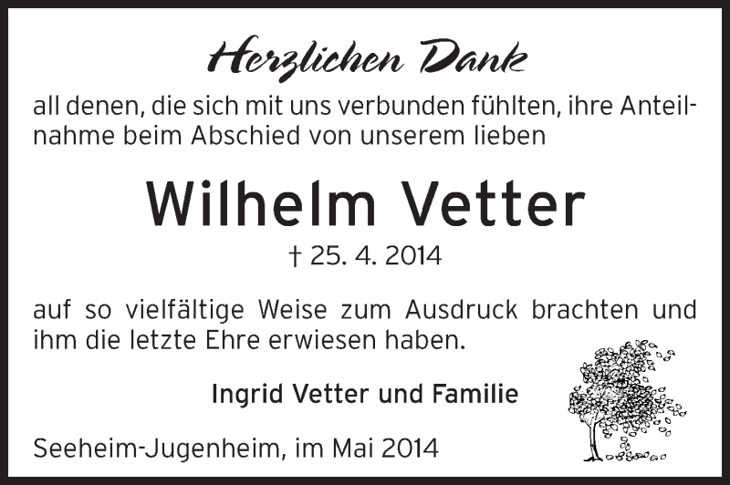 Traueranzeige für Wilhelm Vetter vom 31.05.2014 aus Echo-Zeitungen (Gesamtausgabe)