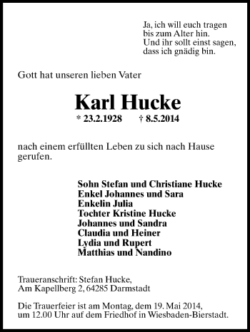 Traueranzeige von Karl Hucke von Echo-Zeitungen (Gesamtausgabe)