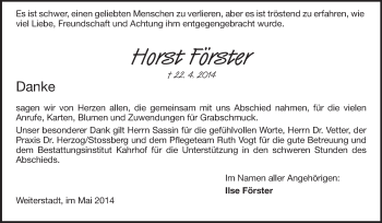 Traueranzeige von Horst Förster von Echo-Zeitungen (Gesamtausgabe)