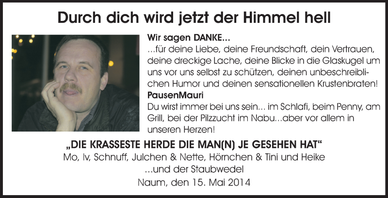 Traueranzeige für Stefan Mauriszat vom 15.05.2014 aus Rüsselsheimer Echo, Groß-Gerauer-Echo, Ried Echo