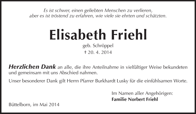  Traueranzeige für Elisabeth Friehl vom 14.05.2014 aus Rüsselsheimer Echo, Groß-Gerauer-Echo, Ried Echo