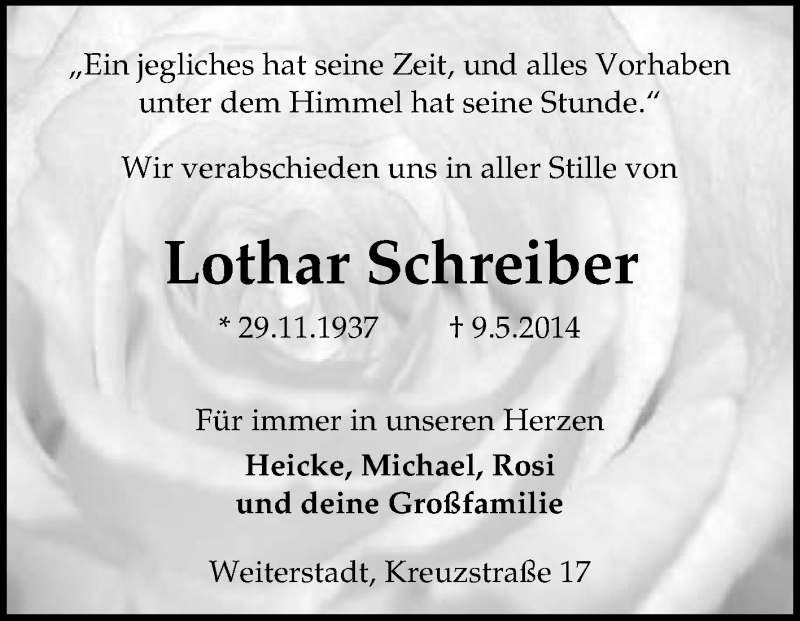  Traueranzeige für Lothar Schreiber vom 14.05.2014 aus Echo-Zeitungen (Gesamtausgabe)