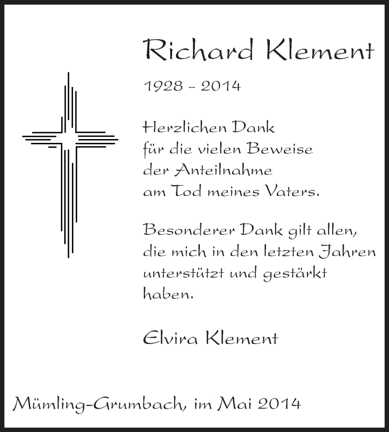  Traueranzeige für Richard Klement vom 17.05.2014 aus Odenwälder Echo