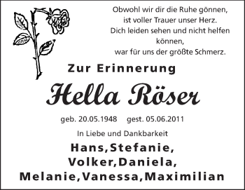 Traueranzeige von Hella Röser von Starkenburger Echo