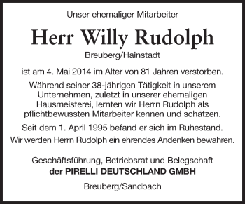 Traueranzeige von Willy Rudolph von Odenwälder Echo