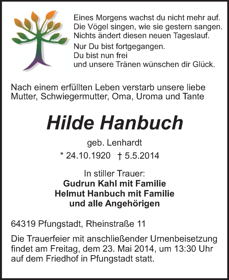  Traueranzeige für Hilde Hanbuch vom 17.05.2014 aus Echo-Zeitungen (Gesamtausgabe)
