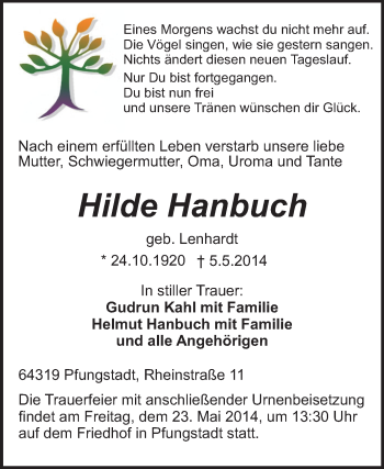 Traueranzeige von Hilde Hanbuch von Echo-Zeitungen (Gesamtausgabe)