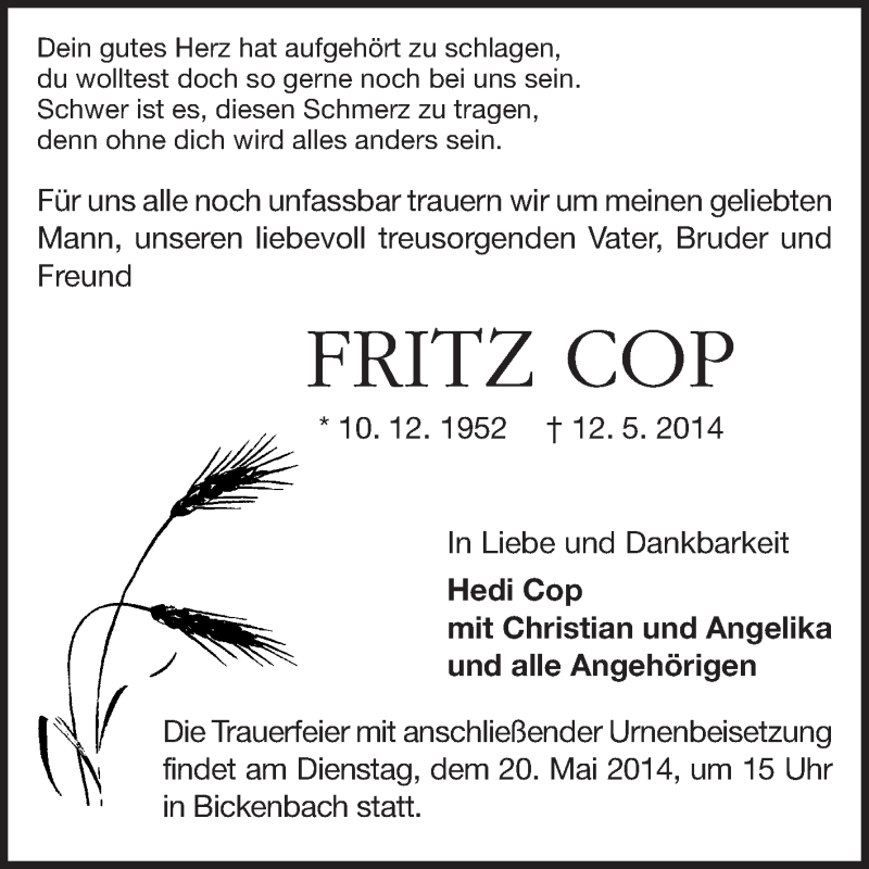  Traueranzeige für Fritz Cop vom 17.05.2014 aus Echo-Zeitungen (Gesamtausgabe)