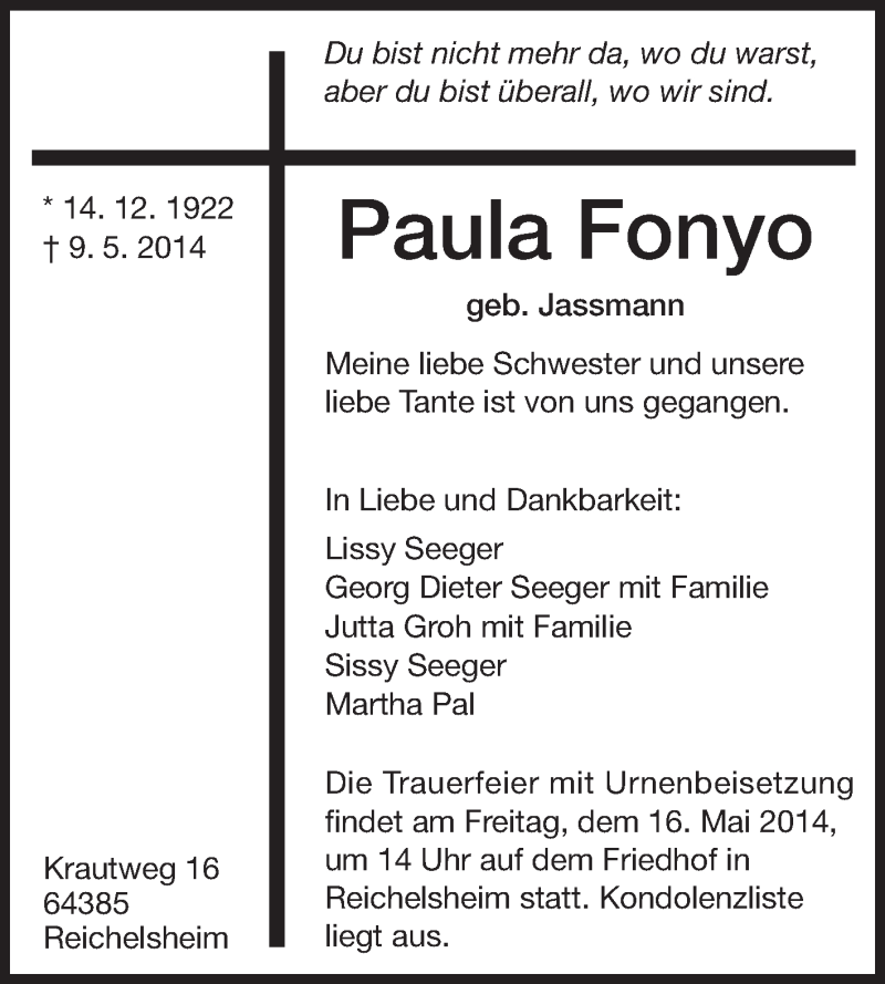  Traueranzeige für Paula Fonyo vom 14.05.2014 aus Odenwälder Echo