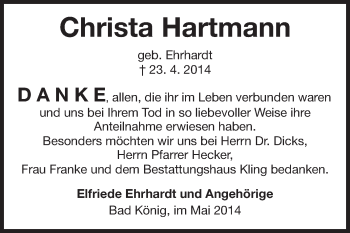 Traueranzeige von Christa Hartmann von Odenwälder Echo