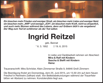 Traueranzeige von Ingrid Reitzel von Echo-Zeitungen (Gesamtausgabe)