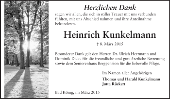 Traueranzeige von Heinrich Kunkelmann von Odenwälder Echo