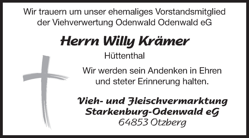  Traueranzeige für Willy Krämer vom 11.07.2015 aus Odenwälder Echo