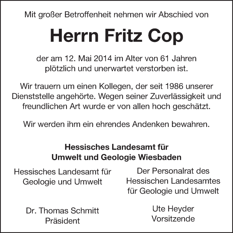  Traueranzeige für Fritz Cop vom 17.05.2014 aus Echo-Zeitungen (Gesamtausgabe)