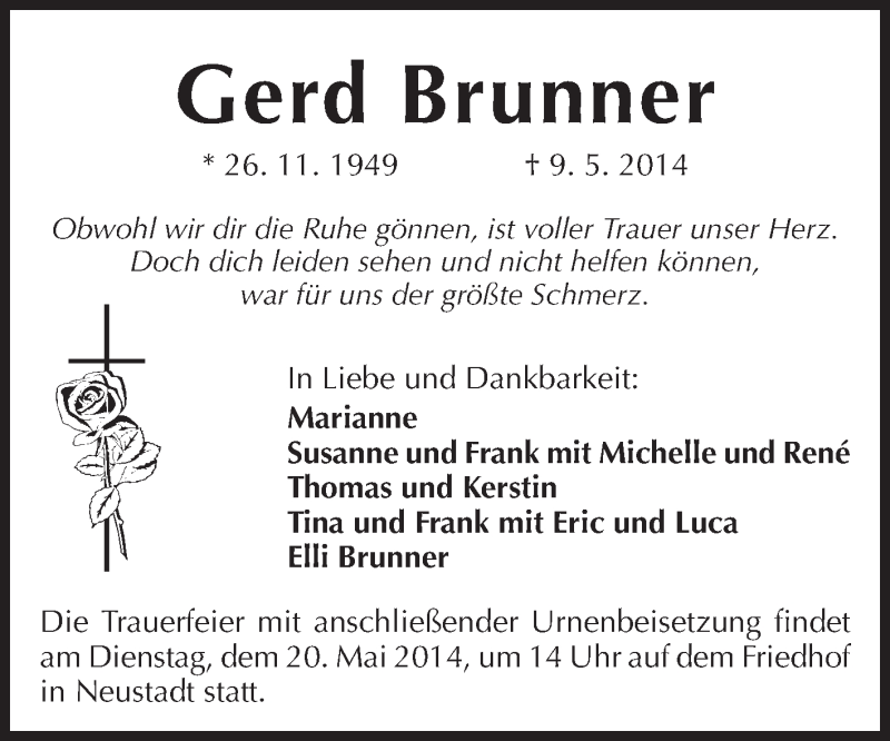  Traueranzeige für Gerd Brunner vom 17.05.2014 aus Odenwälder Echo
