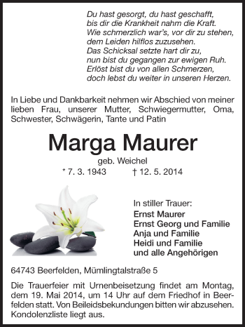 Traueranzeige von Marga Maurer von Odenwälder Echo