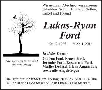 Traueranzeige von Lukas-Ryan Ford von Echo-Zeitungen (Gesamtausgabe)
