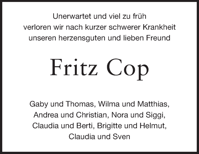 Traueranzeige für Fritz Cop vom 17.05.2014 aus Echo-Zeitungen (Gesamtausgabe)
