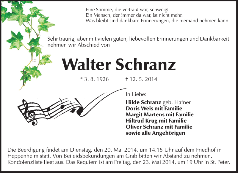  Traueranzeige für Walter Schranz vom 16.05.2014 aus Starkenburger Echo