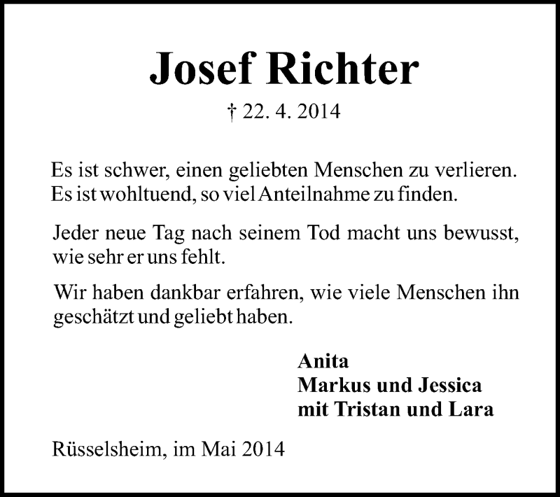  Traueranzeige für Josef Richter vom 17.05.2014 aus Rüsselsheimer Echo, Groß-Gerauer-Echo, Ried Echo
