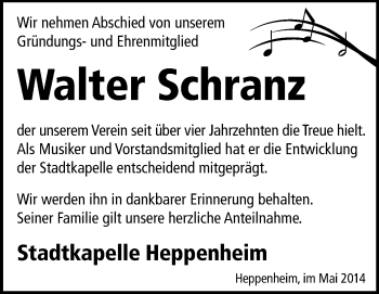 Traueranzeige von Walter Schranz von Starkenburger Echo, Bergsträßer Anzeiger