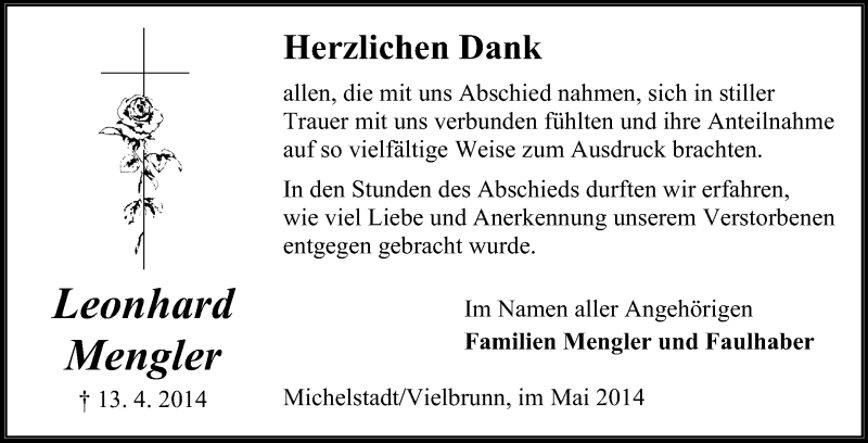  Traueranzeige für Leonhard Mengler vom 16.05.2014 aus Odenwälder Echo