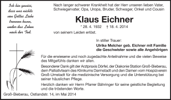 Traueranzeige von Klaus Eichner von Echo-Zeitungen (Gesamtausgabe)
