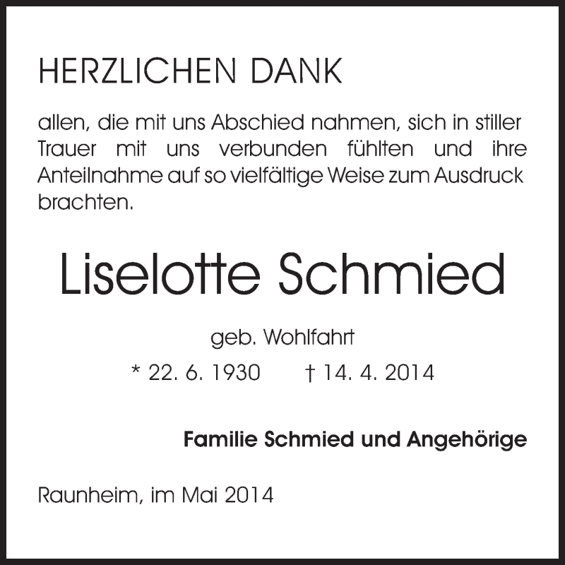  Traueranzeige für Liselotte Schmied vom 17.05.2014 aus Rüsselsheimer Echo, Groß-Gerauer-Echo, Ried Echo
