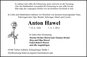 Traueranzeige von Anton Hawel von Rüsselsheimer Echo, Groß-Gerauer-Echo, Ried Echo