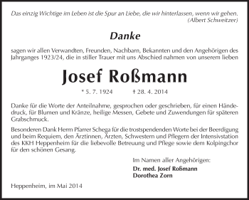 Traueranzeige von Josef Roßmann von Starkenburger Echo, Bergsträßer Anzeiger