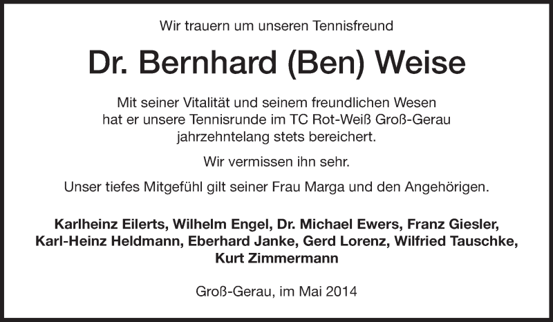  Traueranzeige für Bernhard Weise vom 19.05.2014 aus Rüsselsheimer Echo, Groß-Gerauer-Echo, Ried Echo