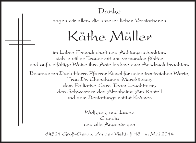  Traueranzeige für Käthe Müller vom 24.05.2014 aus Rüsselsheimer Echo, Groß-Gerauer-Echo, Ried Echo