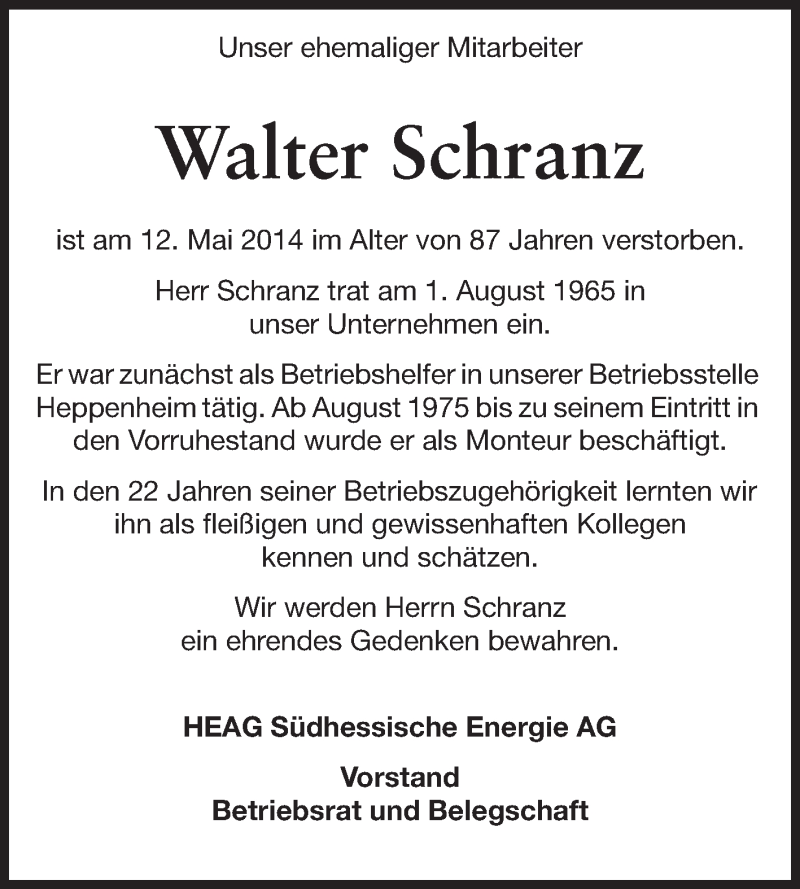  Traueranzeige für Walter Schranz vom 17.05.2014 aus Echo-Zeitungen (Gesamtausgabe)