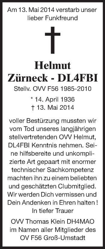 Traueranzeige von Helmut Zürneck von Echo-Zeitungen (Gesamtausgabe)