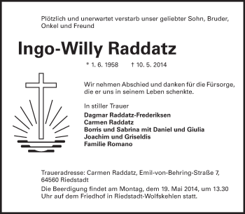 Traueranzeige von Ingo-Willy Raddatz von Echo-Zeitungen (Gesamtausgabe)