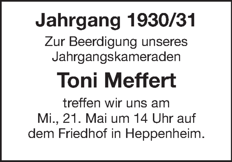  Traueranzeige für Toni Meffert vom 17.05.2014 aus Starkenburger Echo