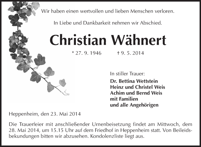  Traueranzeige für Christian Wähnert vom 23.05.2014 aus Starkenburger Echo