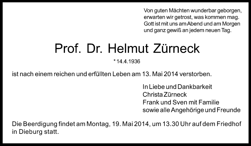  Traueranzeige für Helmut Zürneck vom 17.05.2014 aus Echo-Zeitungen (Gesamtausgabe)