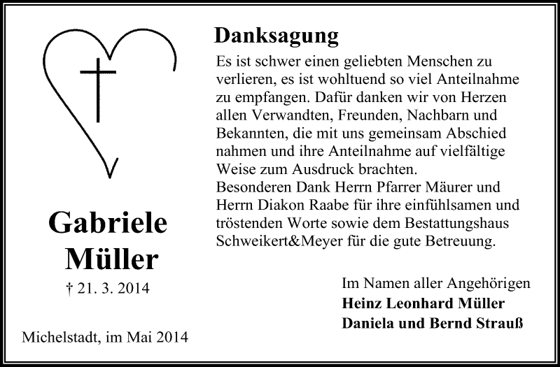  Traueranzeige für Gabriele Müller vom 17.05.2014 aus Odenwälder Echo