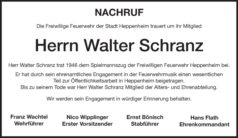  Traueranzeige für Walter Schranz vom 19.05.2014 aus Starkenburger Echo